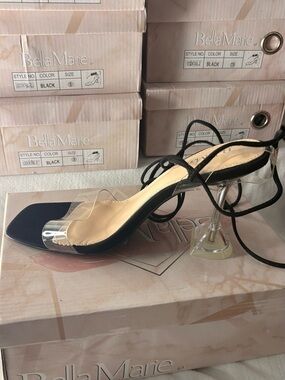 Bella Marie Black Heeled Sandals with Clear Strap